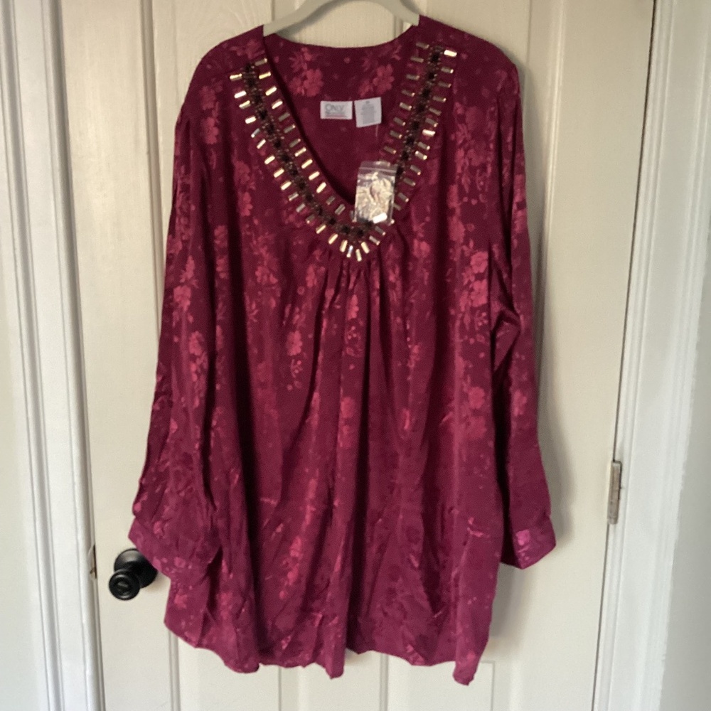 NEW ONLY NECESSITIES  3X DEEP WINE  BLOUSE TUNIC V NECK BEADED ARTSY
